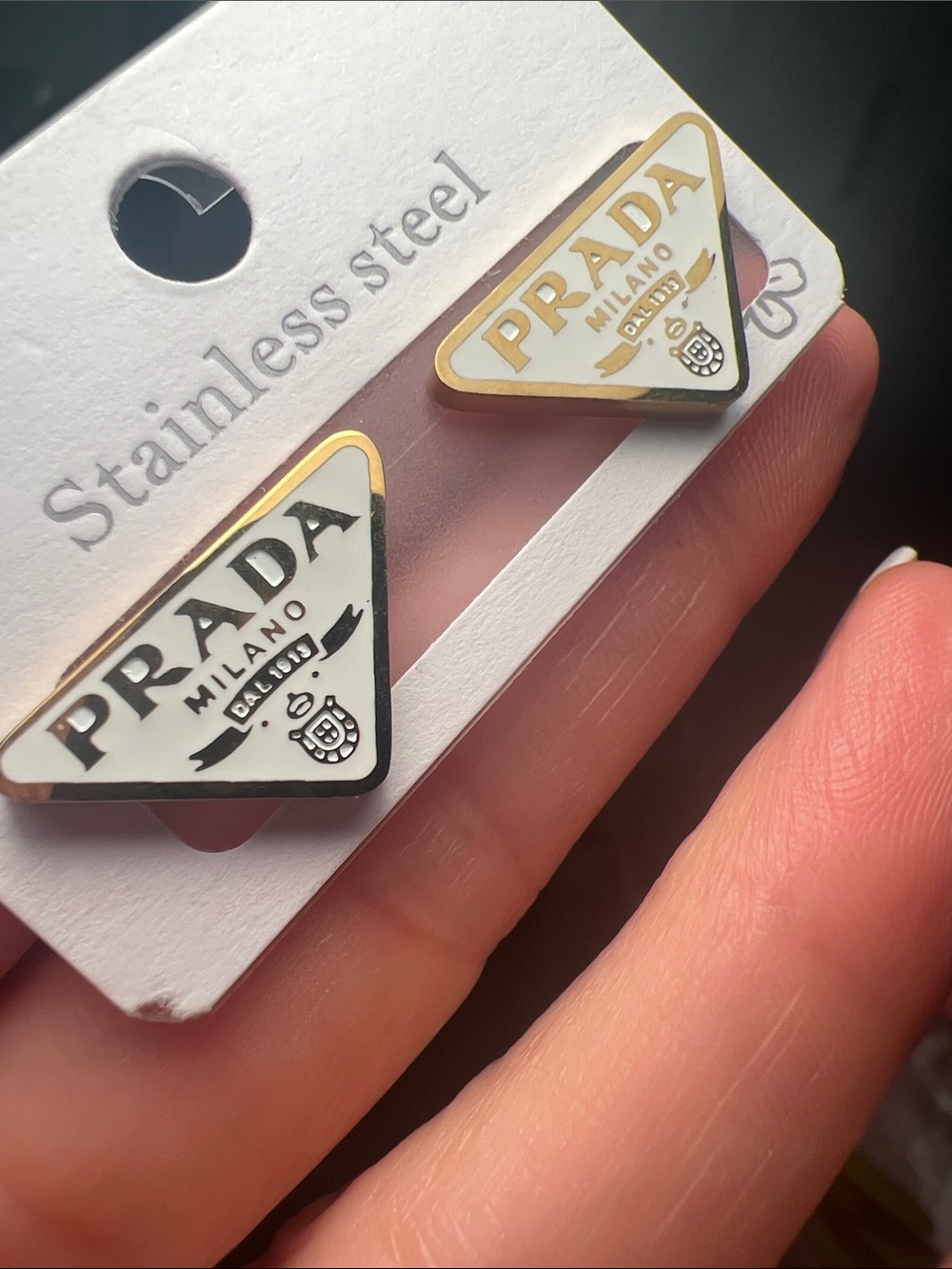 White Enamel Triangle Logo Stud Earrings with Gold Trim